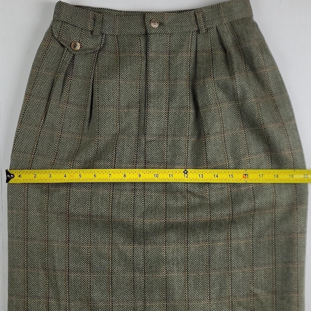 Vintage 80s Talbots Wool Blend Olive Green Plaid Tweed Pleated Pencil Midi Skirt - Picture 15 of 16